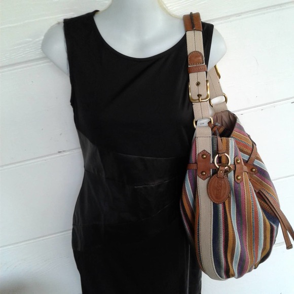 Fossil  Striped Women's Brown Canvas Shoulder Bag Leather Accents Handbag Medium - Picture 12 of 12